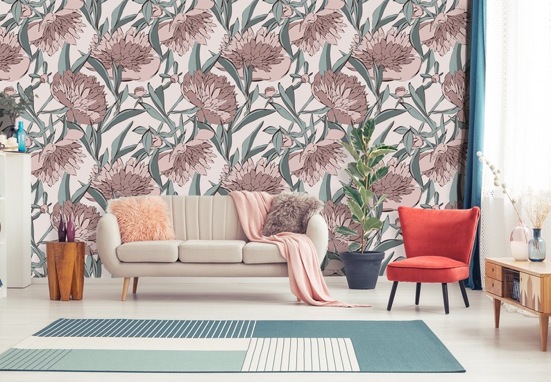 Peony floral wallpaper peel and stick wall mural girl decor | Etsy