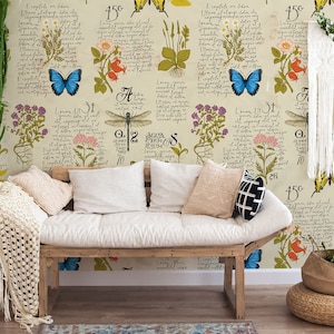 Beige wallpaper with handwriten pattern, herbal wallpaper, insect wall art, peel & stick wall mural, self adhesive, wall decor
