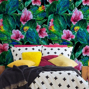 Tropical flowers and birds wallpaper, self adhesive wallpaper, watercolor floral wall art, peel and stick removable wallpaper, wall decor
