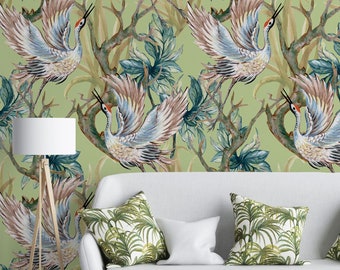 Crane birds and flowers wallpaper, chinoiserie wall mural, self adhesive, peel and stick, removable or traditional, vinyl wallpaper