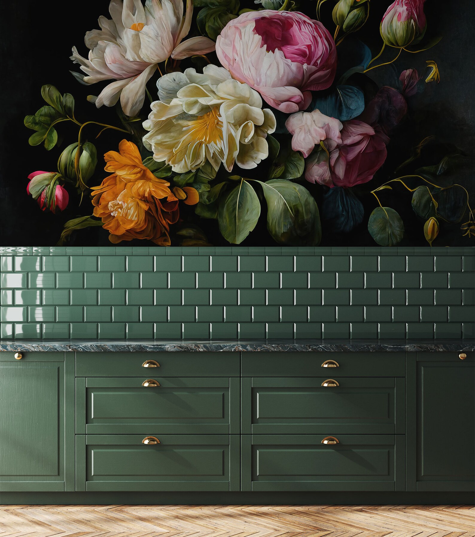 Dark Vintage Peony Floral Wall Mural, Painted Flowers Wallpaper, Self ...