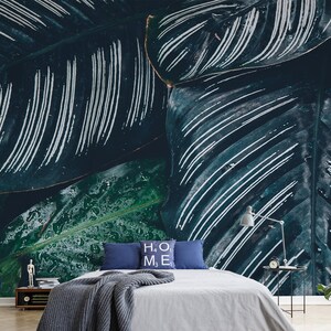 Tropical leaf wallpaper, peel and stick wall mural, dark green floral wall decor, removable wallpaper, home decor