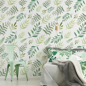 Carta da parati a foglie diverse, buccia e bastone, autoadesivo, motivo foglia verde, carta da parati rimovibile, decorazione murale