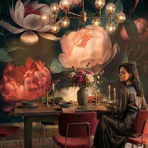 Dunkles Blumenwandbild, Blumenstrauß Tapete, selbstklebend schälen und aufkleben oder Vinyl traditionell