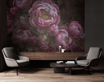 Rosa Blumen auf Betontapete, moderne Tapete, selbstklebend, schälen und aufkleben, abnehmbar oder traditionell, Vinyltapete