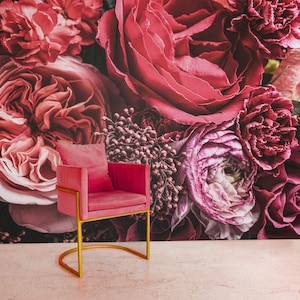 Red flowers wallpaper, bouquet of flowers on dark background, self adhesive, peel and stick, removable or traditional, vinyl wallpaper
