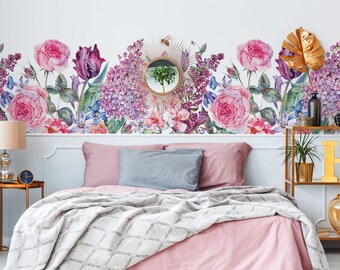 Floral meadow wall mural, self adhesive removable wallpaper, spring floral print, peel and stick wallpaper, botanical wall decor