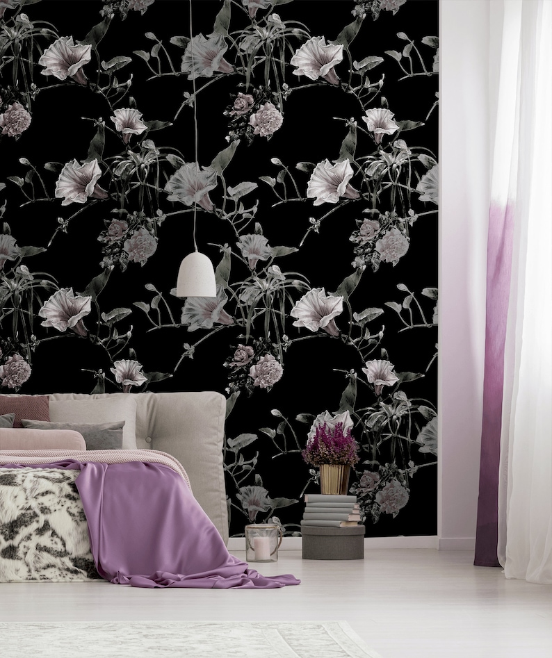 Black Wallpaper With Flowers, Peel and Stick Wall Mural, Removable Dark ...