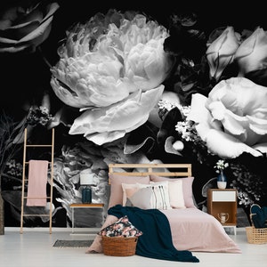 Peony flower wallpaper, self adhesive wall decor, black and white floral clipart, floral art dark mural#