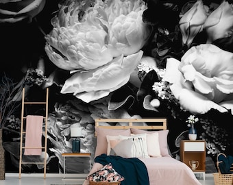 Peony flower wallpaper, self adhesive wall decor, black and white floral clipart, floral art dark mural#