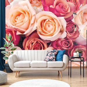 Orange roses wall mural, self adhesive removable wallpaper, rose wallpaper, floral print, peel and stick wallpaper, wall decor