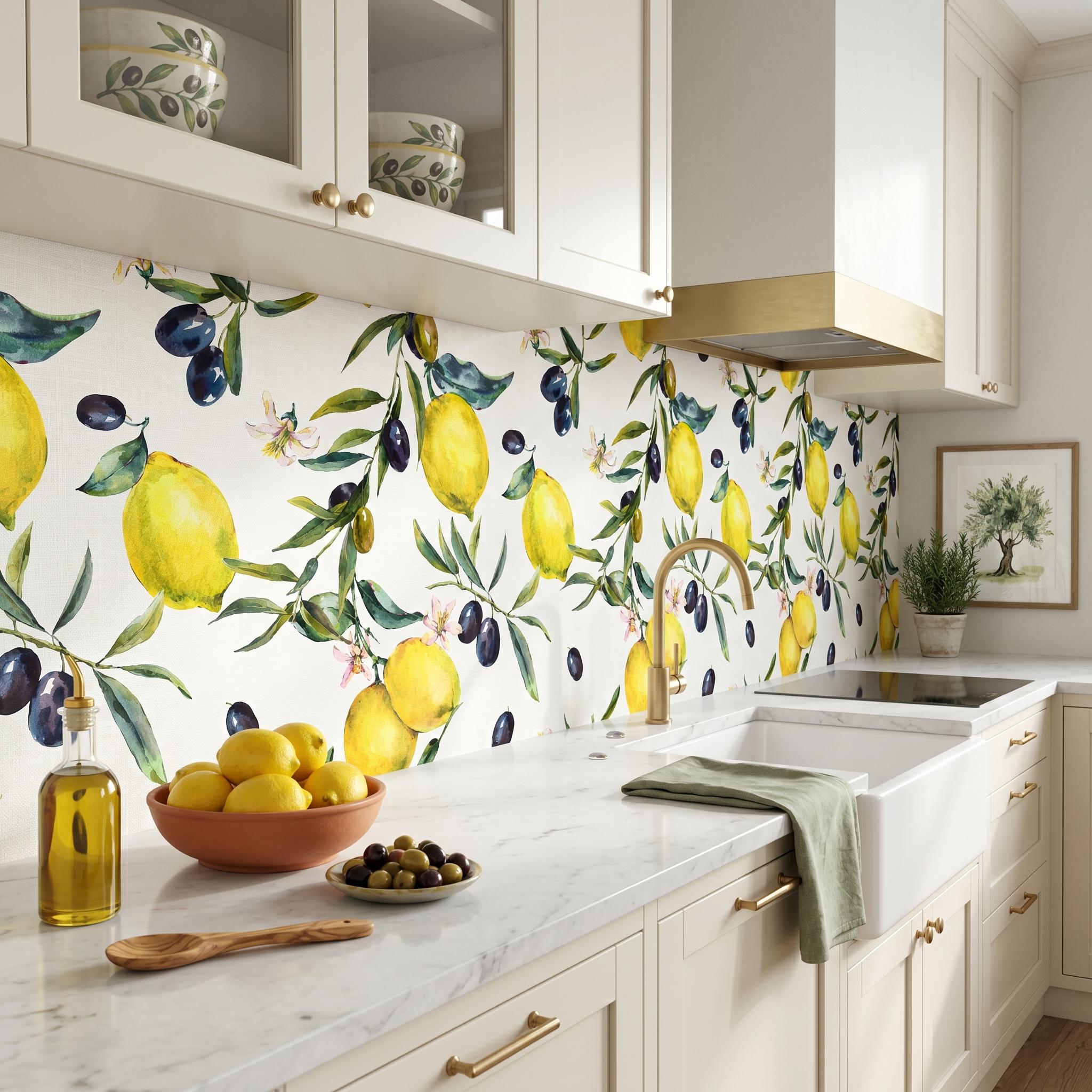 Lemons and Olives Wallpaper, Watercolor Wall Mural, Botanical Wall