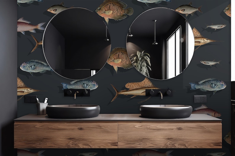 Mirror Pattern Fish Vintage Style Wallpaper, Dark Fish Pattern, Self Adhesive, Peel and ...