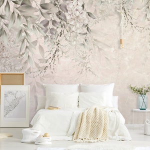 Floral beige Tapete, Blätterkaskade, selbstklebend, schälen und aufkleben, abnehmbar oder traditionell, Vinyltapete