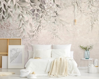 Floral watercolor beige wallpaper, cascade of leaves wall mural, self adhesive, peel and stick, removable or traditional, vinyl wallpaper