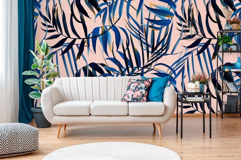 Tropical Wallpaper With Blue Palm Leaves Peel and Stick Wall Etsy