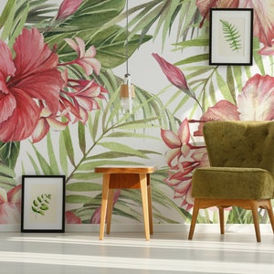Tropische Blumentapete, rote Hibiskus und Palmenblatt Wandbild, selbstklebend, schälen und aufkleben, abnehmbar oder traditionell, Vinyltapete