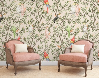 Papel tapiz de acuarela de pájaros tropicales, papel tapiz floral autoadhesivo, mural de pared autoadhesivo, estampado chinoiserie, arte de pared, decoración de pared