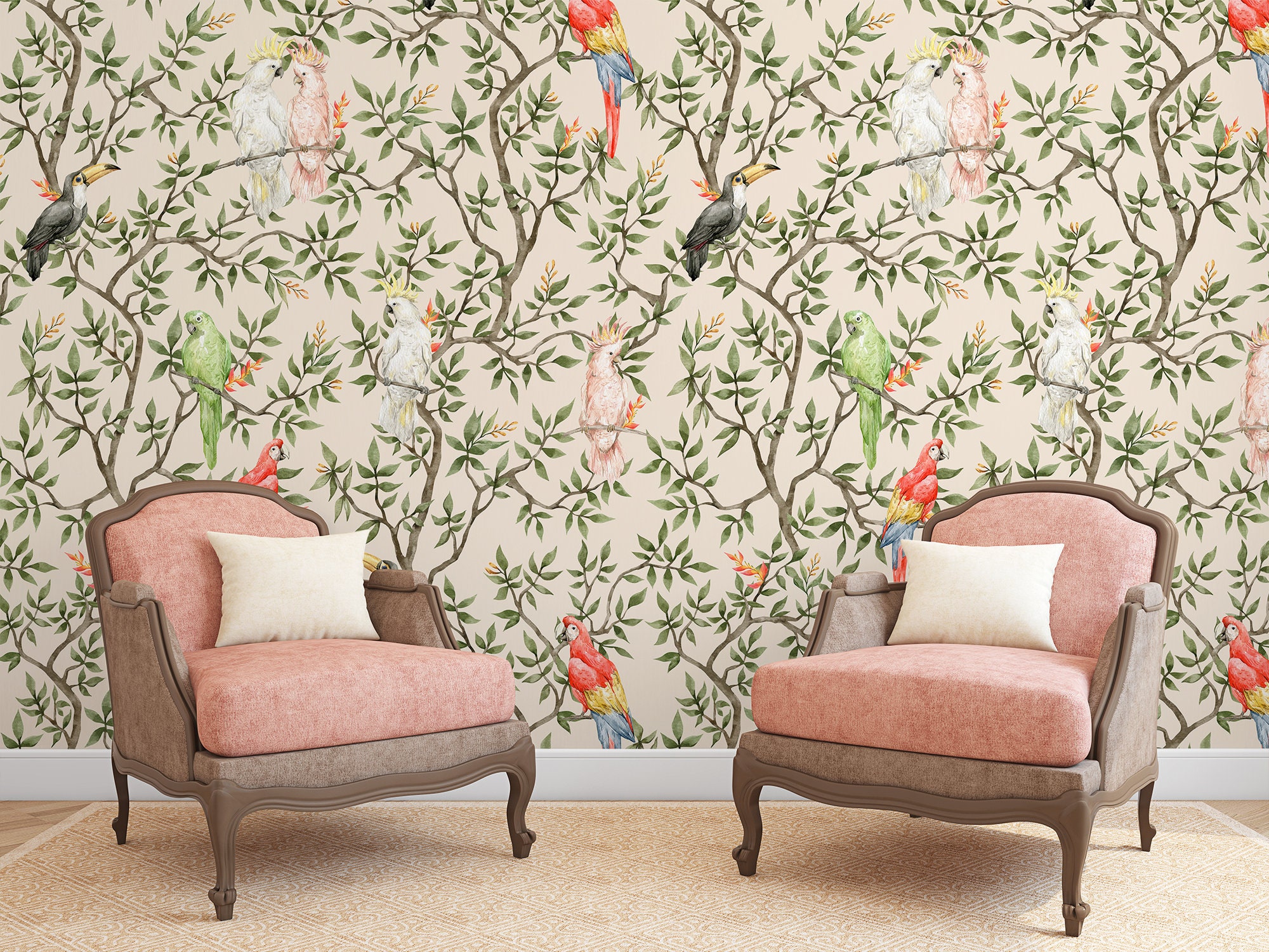 Tropical Birds Watercolor Wallpaper, Peel and Stick Floral Wallpaper ...