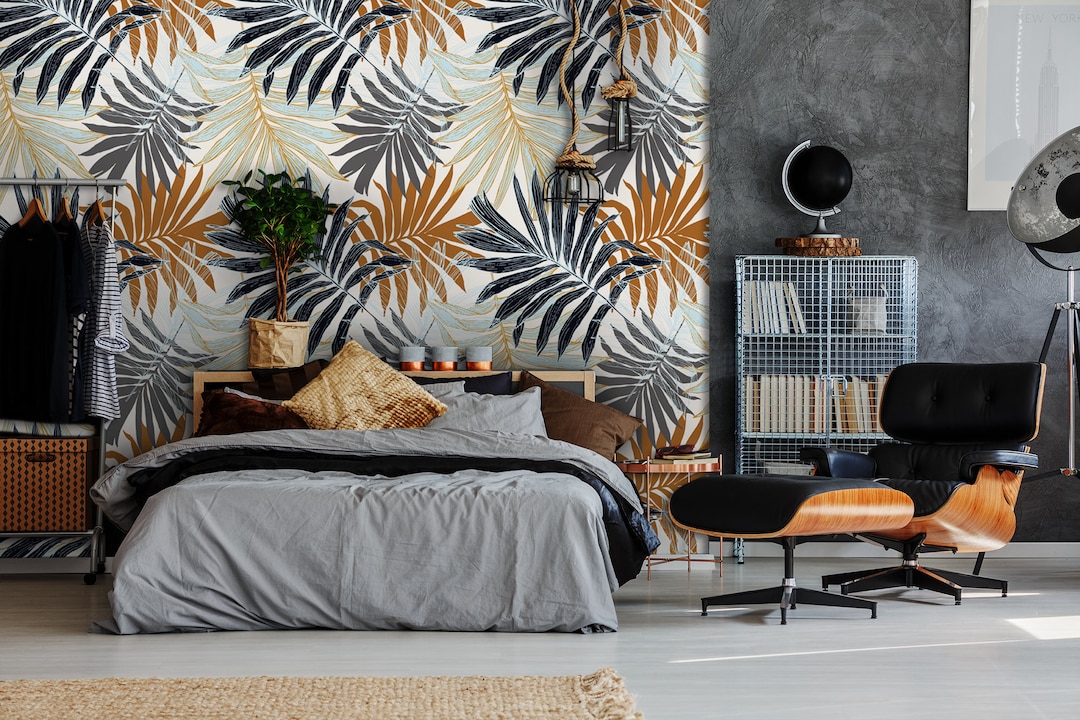 Palm Leaves Retro Wallpaper, Peel and Stick Wall Mural With Hand Drawn ...