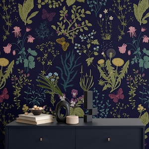 Waldblumen Tapete, dunkle Tapete, Wandbild im Vintage-Stil, selbstklebend, schälen und aufkleben, entfernbar oder traditionell, Vinyl-Tapete