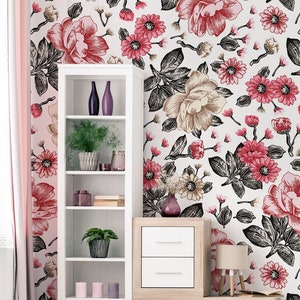 Pink and beige flowers wallpaper, peel and stick wallpaper, self adhesive wallpaper, removable wall mural, wall decor
