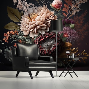 Dark  floral wallpaper, vintage wall mural, botanical decor, self adhesive, peel and stick, removable or traditional, vinyl wallpaper