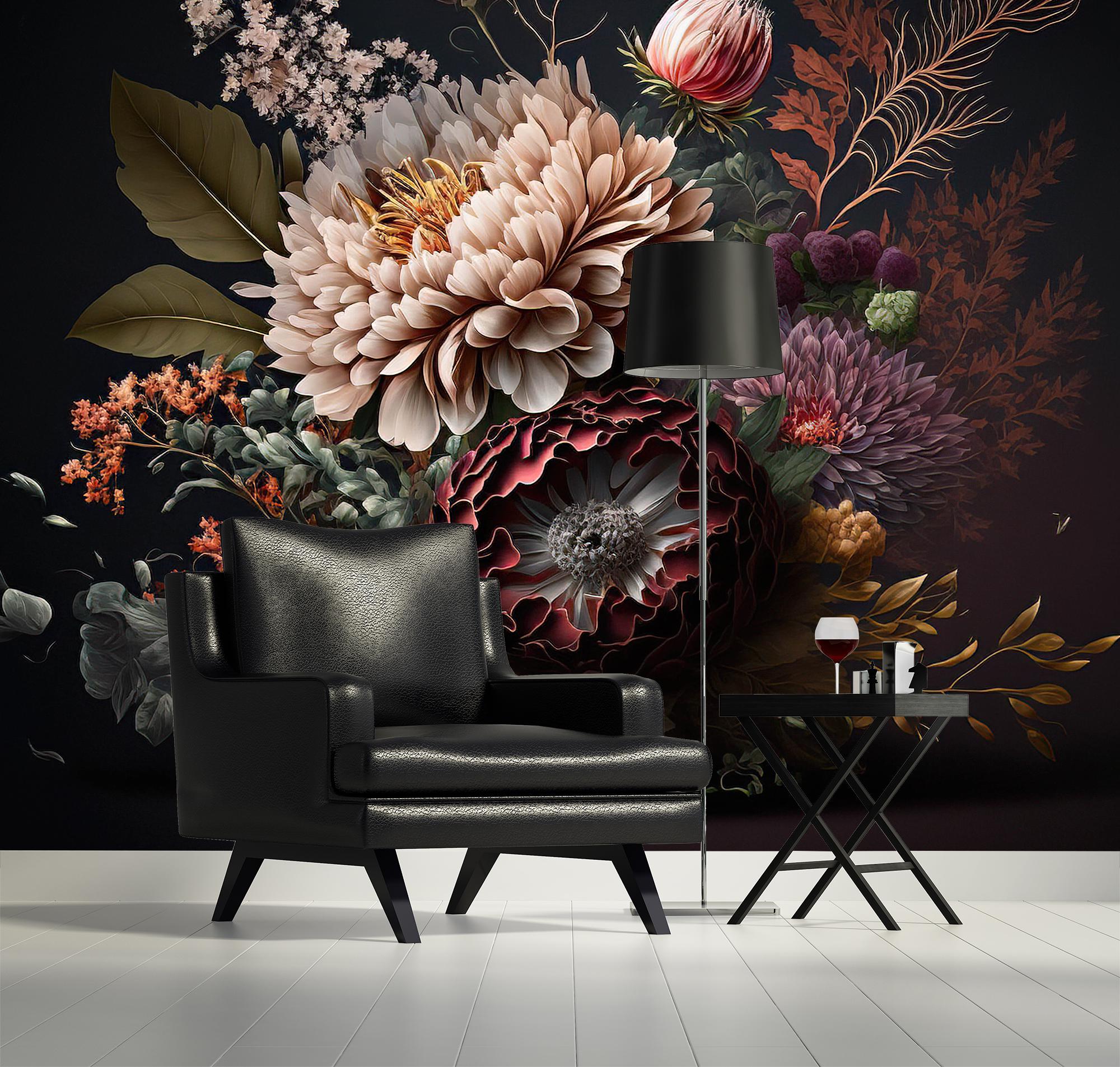 Dark Floral Wallpaper, Vintage Wall Mural, Botanical Decor, Self ...