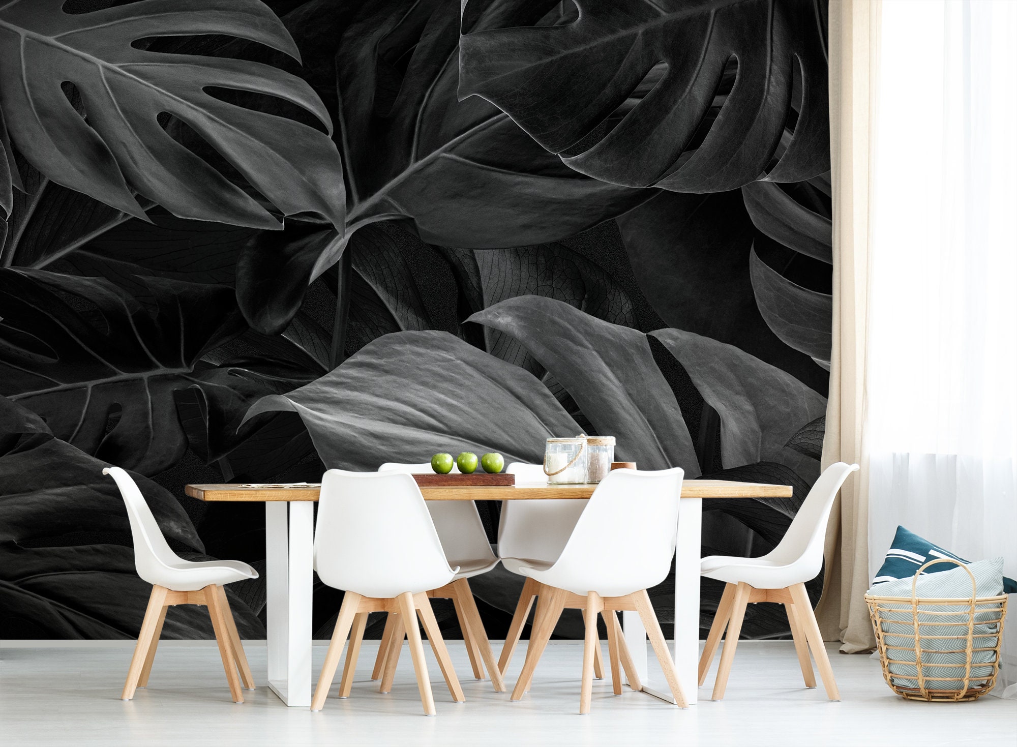 Black Tropical Wall Mural, Peel and Stick Floral Wall Mural, Monstera ...