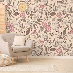 Romantic pink flowers wallpaper, vintage style floral wallpaper, self adhesive, peel and stick, removable or traditional, vinyl wallpaper