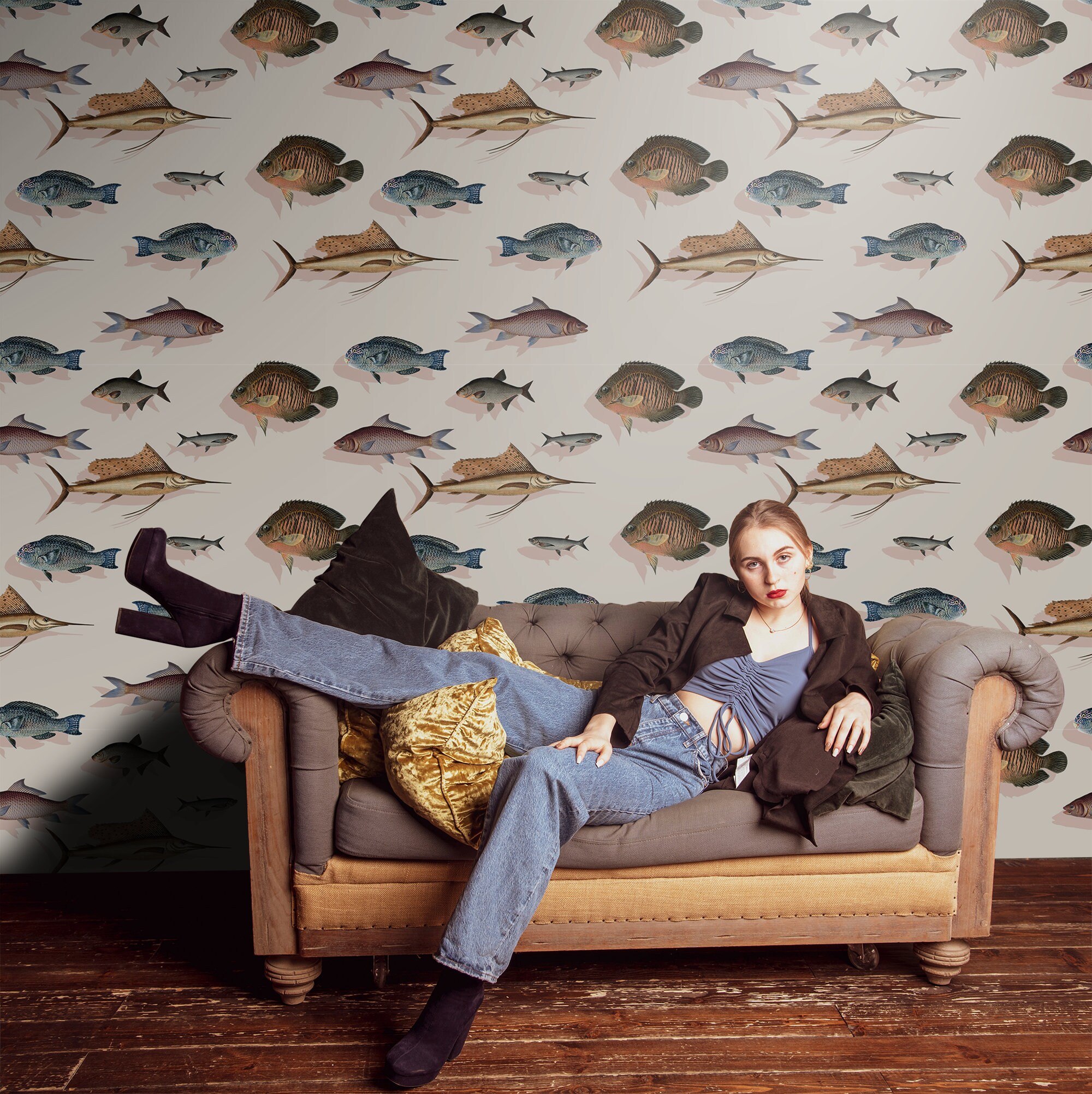 Computer Wallpapers Fish Pattern Vintage Style Wallpaper, Fish Pattern, Self Adhesive, Peel and Stick ...
