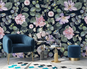ダークガーデンの花柄壁画、ヴィンテージフラワー柄壁紙、自己接着式、剥がして貼るタイプ、取り外し可能または従来のビニール壁紙