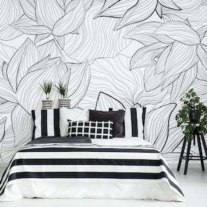Lotus flower wallpaper, floral wall mural, line art, self adhesive, peel and stick, removable or traditional, vinyl wallpaper