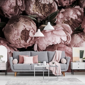 Pink peonies floral wallpaper, modern style wallpaper, self adhesive, peel and stick, removable or traditional, vinyl wallpaper
