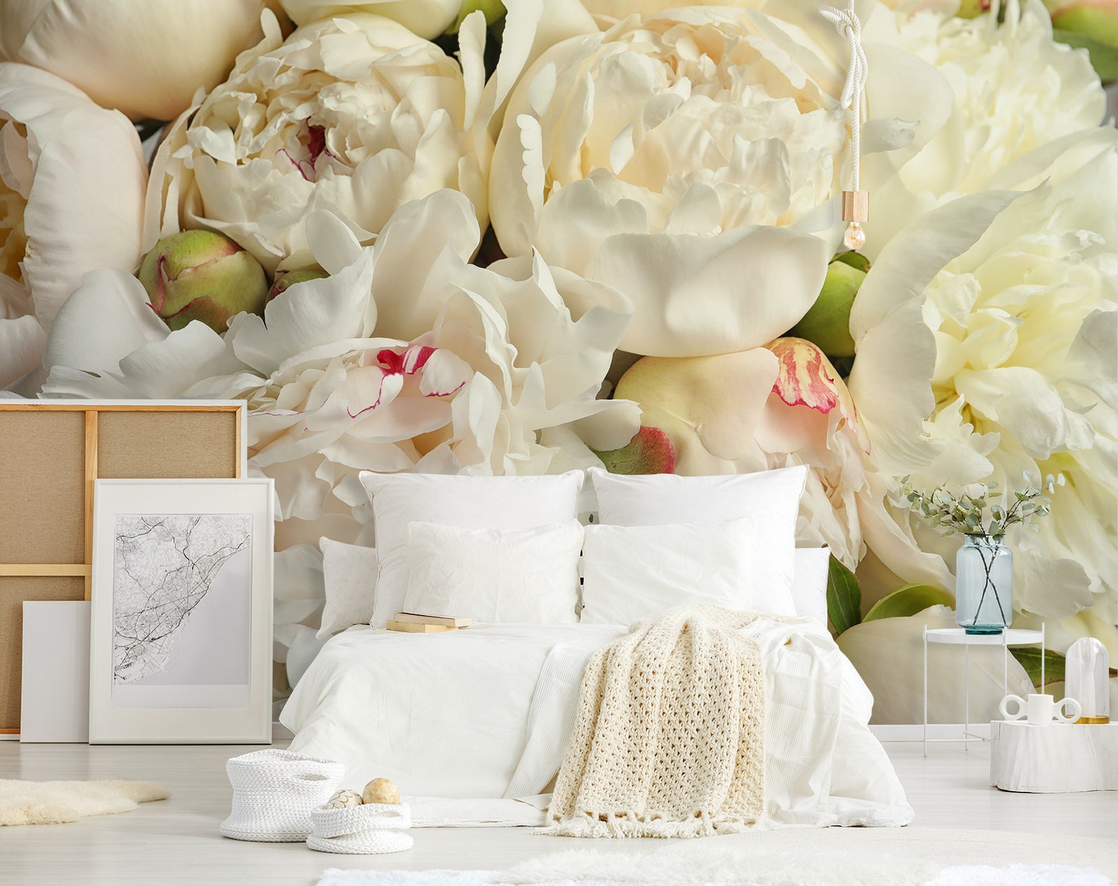 White Peonies Wallpaper Mural, Peel and Stick Wallpaper, Peony Wall ...