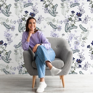 Wild flowers wallpaper, bright wallpaper, vintage style wall mural, self adhesive, peel and stick, removable or traditional, vinyl wallpaper