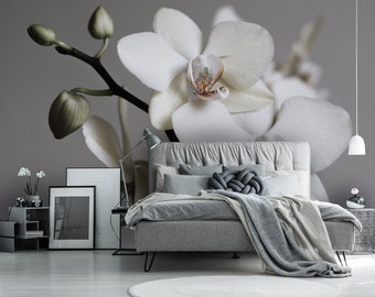 Weiße Tapete mit Orchideen, selbstklebende Tapete, florales Wandbild, Tapete zum Aufkleben, Wanddeko #