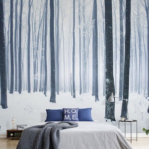Winter forest wall mural, snow and trees wallpaper, self adhesive removable wallpaper, peel and stick wallpaper, wall decor