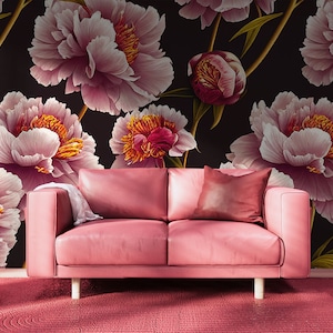 Vintage pink flowers wall mural, pink peony vintage wallpaper, self adhesive, peel and stick, removable or traditional, vinyl wallpaper
