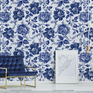 Blue flowers wallpaper, rose wallpaper, self adhesive, peel and stick, removable or traditional, vinyl wallpaper