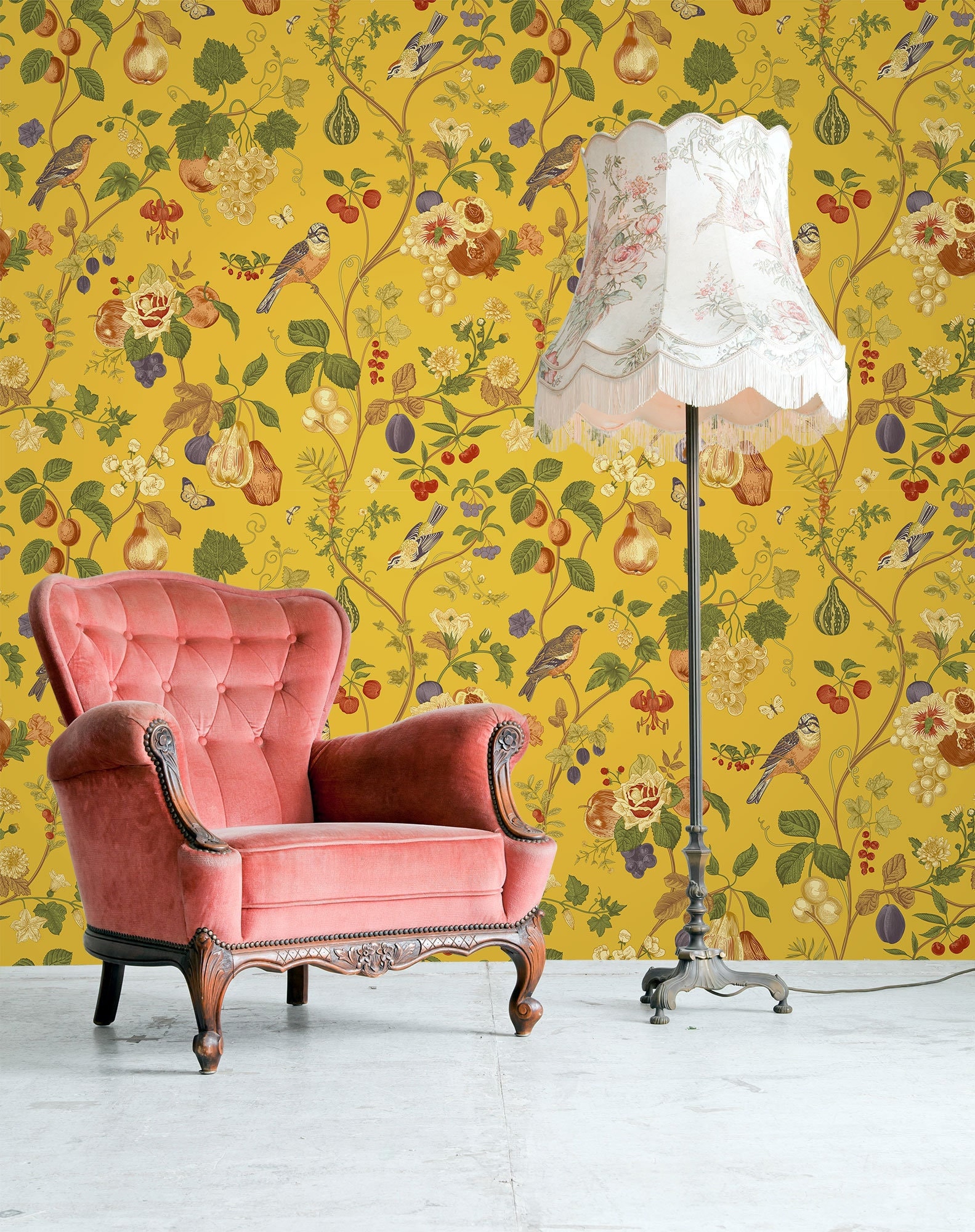 Chinoiserie Floral Wallpaper Birds and Flowers Yellow Etsy UK