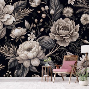 Dark floral wallpaper, vintage botanical wall mural, self adhesive, peel and stick, removable or traditional, vinyl wallpaper