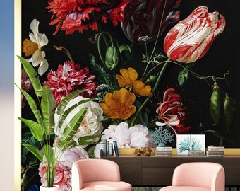 オランダの絵画をあしらったヴィンテージの花柄アート壁画、剥がして