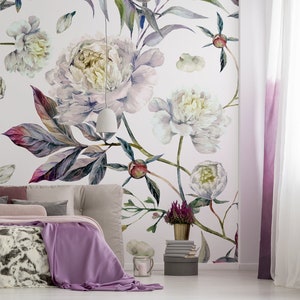Spettacolare murale con peonie, carta da parati rimovibile a buccia e bastone, stampa foglia, arte floreale della parete, decorazione murale