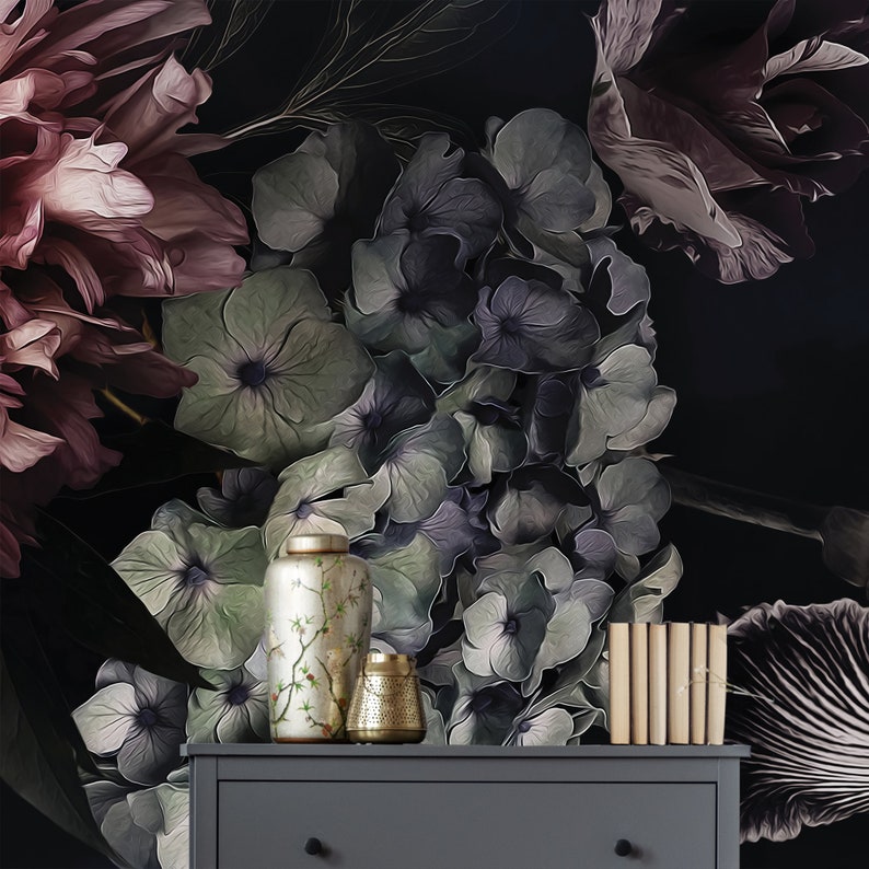 Dark Floral Wallpaper With Peony Bouquet Peel and Stick Wall Etsy UK