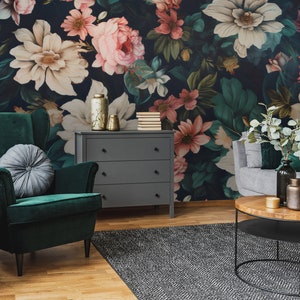 Dark floral wallpaper, plant wallpaper, various flowers pattern, self adhesive, peel and stick, removable or traditional, vinyl wallpaper