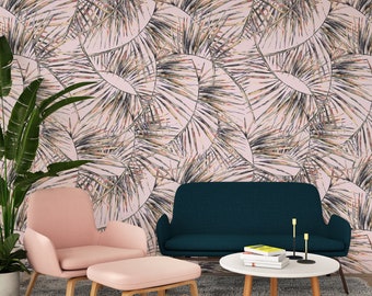 Tropical wallpaper palm leaves on pink background, peel and stick wallpaper, self adhesive wall mural, removable wallpaper, wall decor