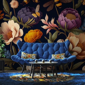 Dark vintage flowers wall mural, painted flowers wallpaper, self adhesive, peel and stick, removable or traditional, vinyl wallpaper