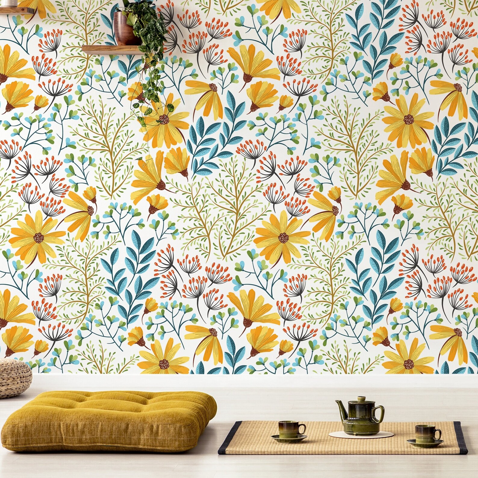 Bohemian Floral Wallpaper Peel and Stick Wall Mural Self - Etsy