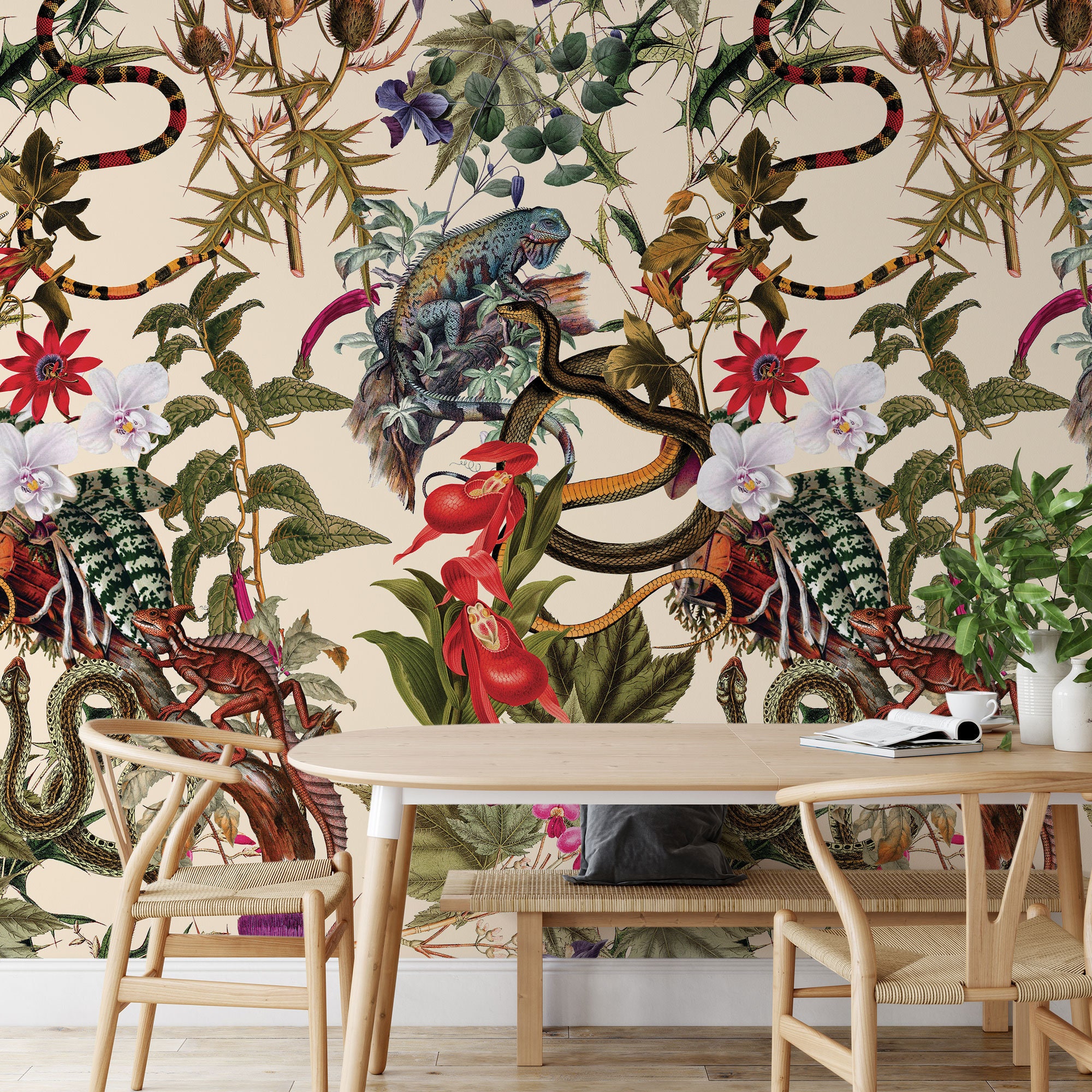 Tropical Wallpaper With Wild Flowers and Animals, Peel and Stick ...